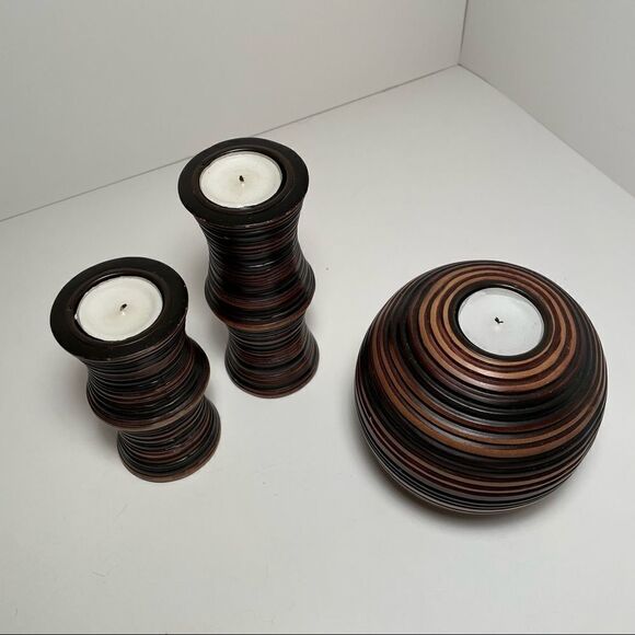 Multi-Wood Toned Three Piece Candle Holder Set - Picture 3 of 7